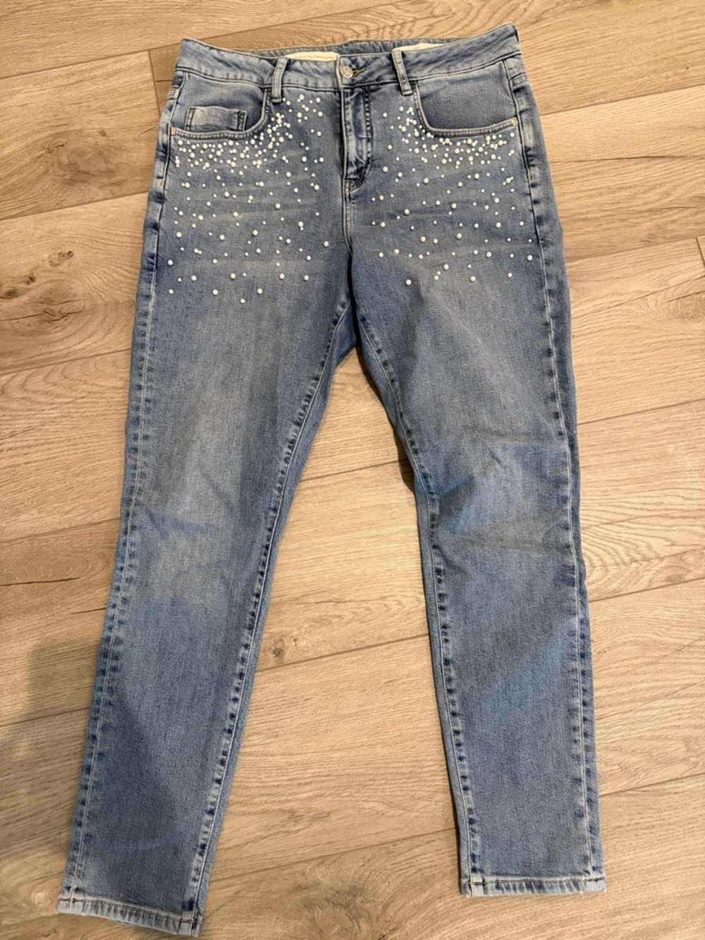 Light Blue Pearl-Embellished Women’s Jeans